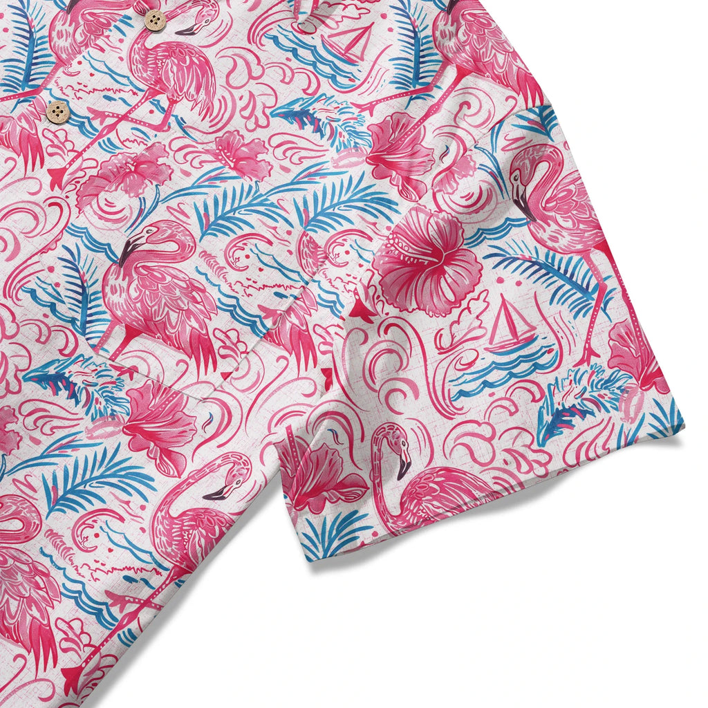 Flamingo LeosWare® Men's Hawaiian Shirt Short Sleeve Button-up 100% Cotton Aloha Coastal Whisked Powder