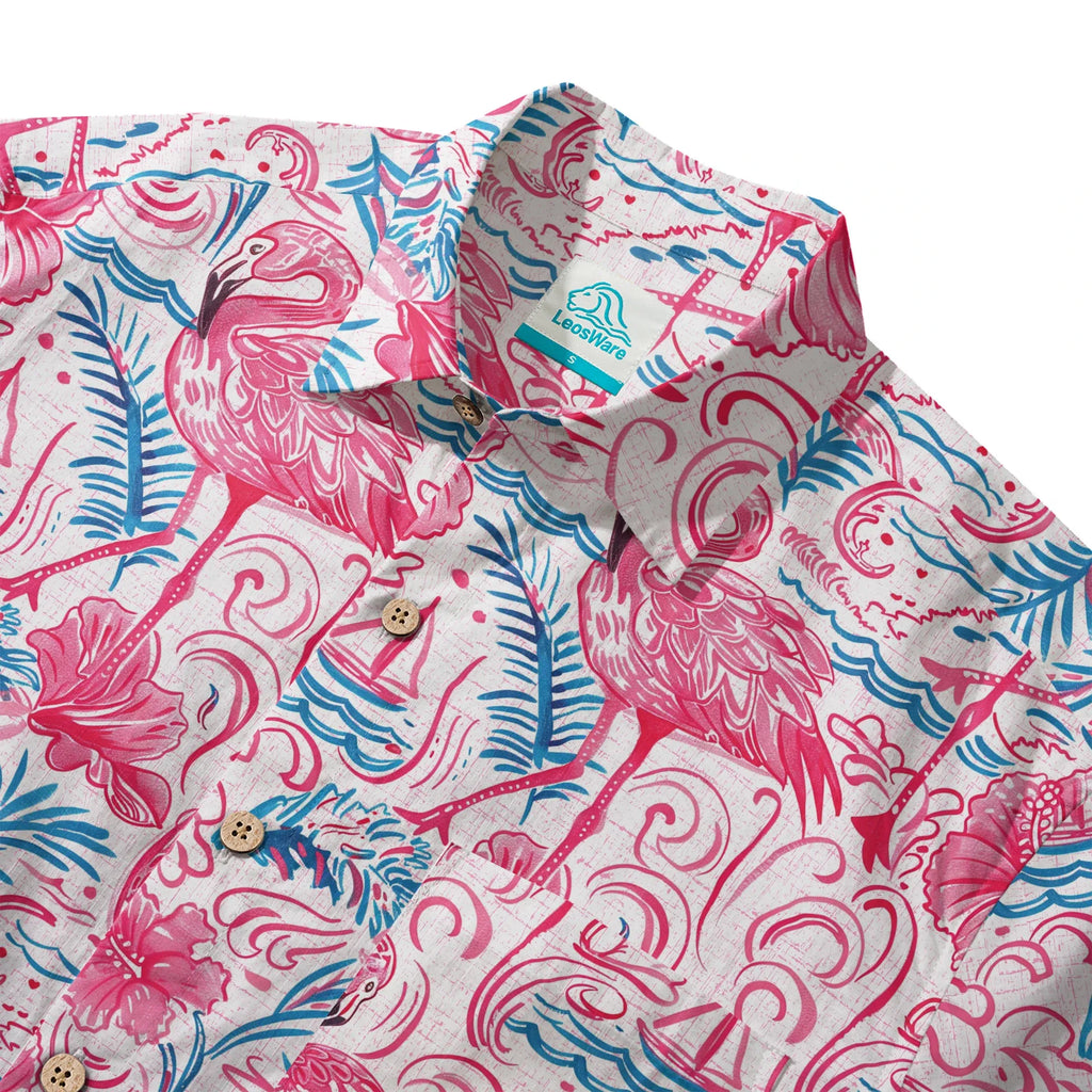 Flamingo LeosWare® Men's Hawaiian Shirt Short Sleeve Button-up 100% Cotton Aloha Coastal Whisked Powder