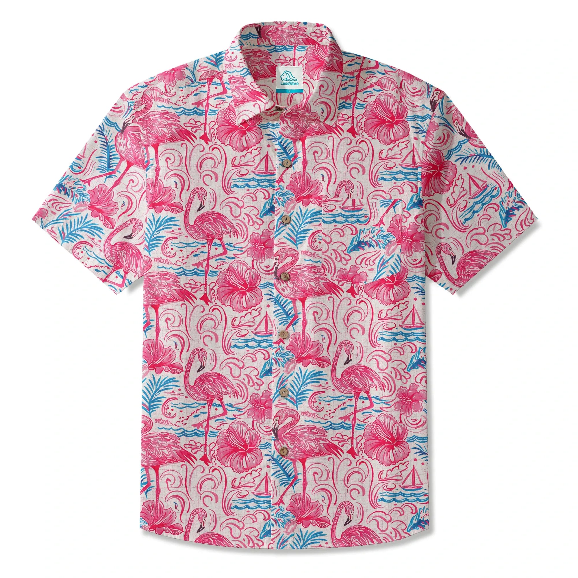 Flamingo LeosWare® Men's Hawaiian Shirt Short Sleeve Button-up 100% Cotton Aloha Coastal Whisked Powder