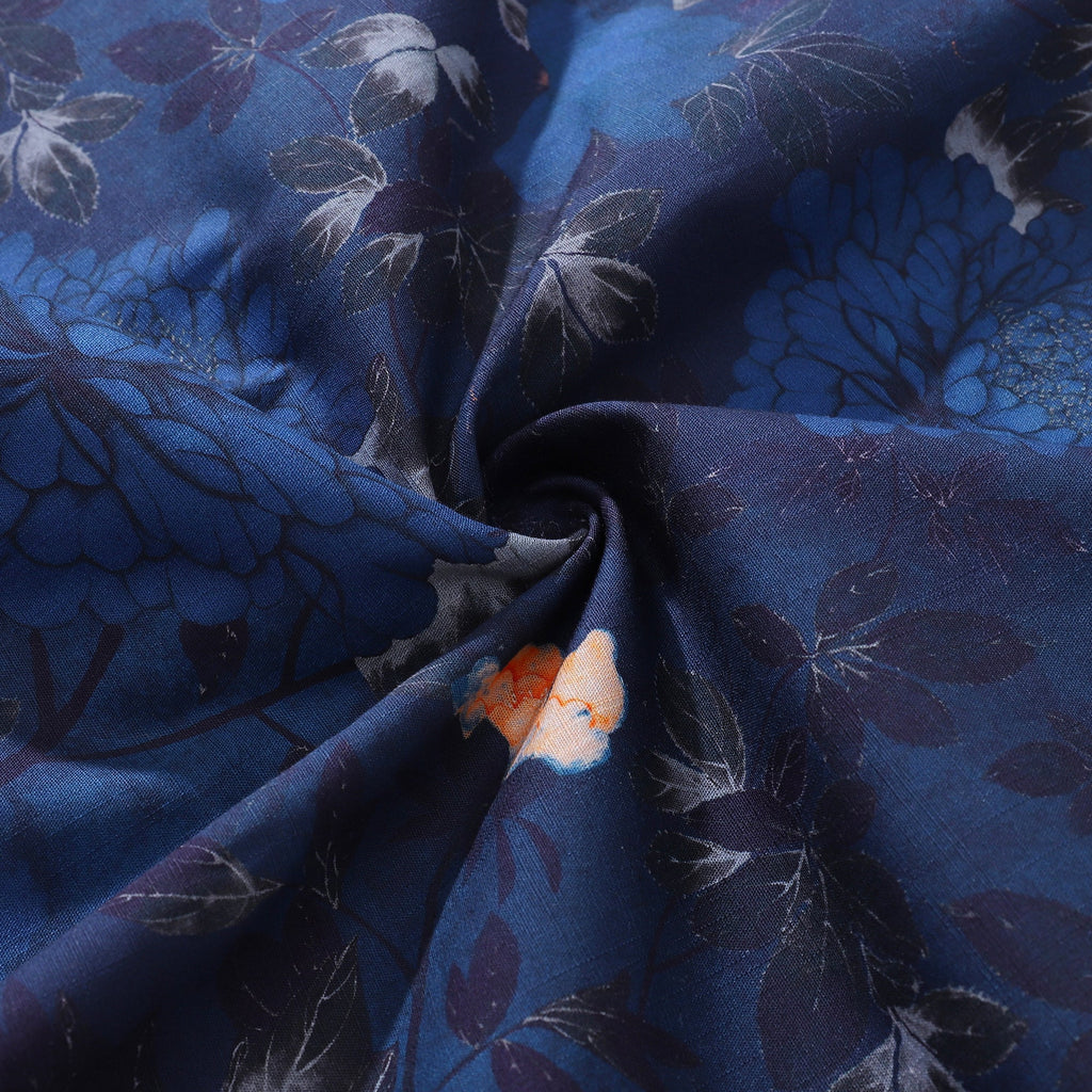 Dark Blue Hawaiian Shirt For Men Peony Shirt Camp Collar 100% Cotton Shirt