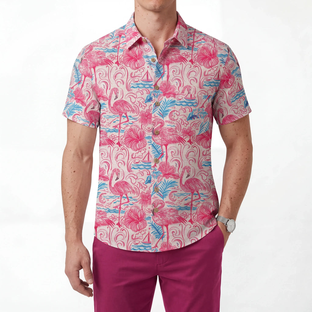 Flamingo LeosWare® Men's Hawaiian Shirt Short Sleeve Button-up 100% Cotton Aloha Coastal Whisked Powder
