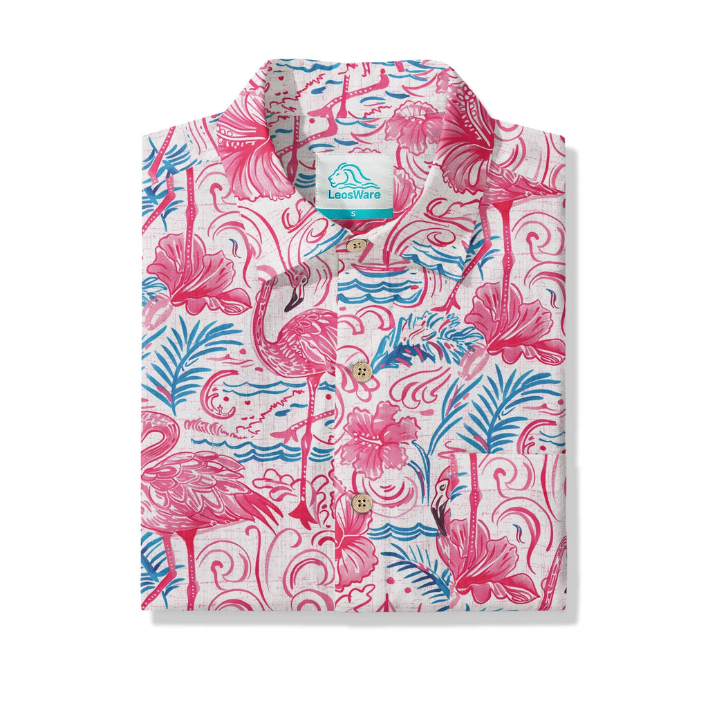 Flamingo LeosWare® Men's Hawaiian Shirt Short Sleeve Button-up 100% Cotton Aloha Coastal Whisked Powder